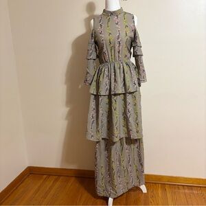 Grey and green floral print cold shoulder dress with tiered skirt